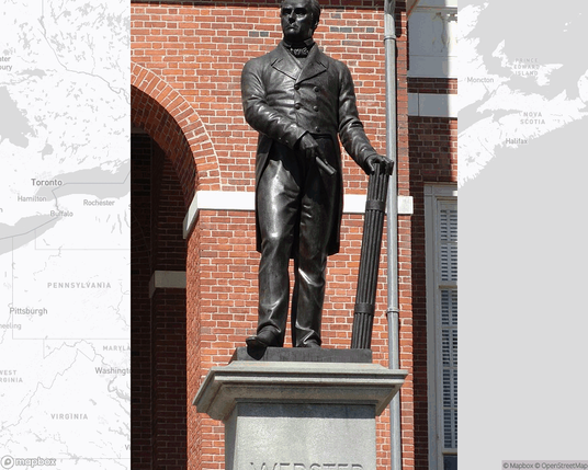 A photo of a statue from the linked Wikipedia article, overlaid on a cropped world map where it's located.