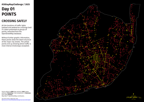 The map has the title and description on the top left and technical data on the bottom left. The Lisbon city area occupies the right two-thirds of the whole drawing area. The city plan is shown using hundreds of points that identify traffic lights and pedestrian crossings, both plotted inside the municipality contour. There are no streets directly drawn in this city plan, since the points themselves trace the latent structure of the major city streets. A scale bar is present on the bottom right.