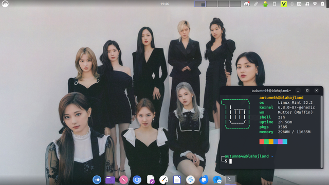 Captura de pantalla de mi Linux Mint 22 con un fondo de pantalla de TWICE.