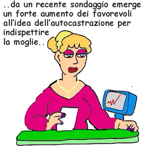 Vignetta disegnata in modo semplice, raffigurante una donna bionda con occhiali rosa, un vestito fucsia e una collana gialla, seduta dietro a un tavolo verde. Tiene in mano un foglio bianco e dietro di lei c’è uno schermo con un grafico rosso a zig-zag. In alto c’è il testo:   "..da un recente sondaggio emerge un forte aumento dei favorevoli all’idea dell’autocastrazione per indispetttire la moglie..."