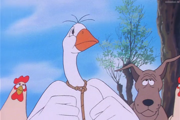 Goose with a determined look. His feathers are shaped like fingers in two fists.