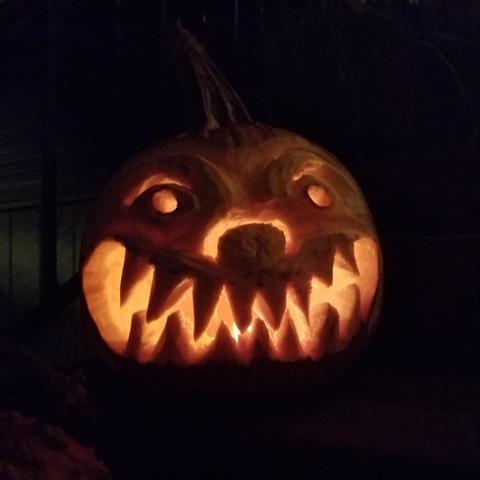 Clown inspired 3d pumpkin carving. Has a bulbous nose and very sharp teeth, with a thick stem. Very creepy.