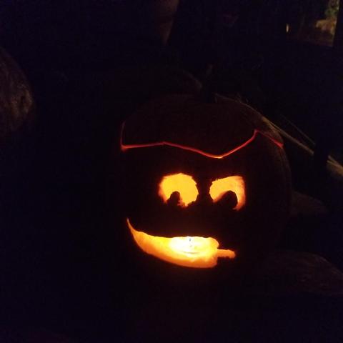 This friendly pumpkin has a spicy mouth, featuring a jalapeno mouth and two cartoon styles eyes, looks a bit like Casper the friendly ghost who talks with a capsicum tongue.