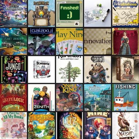 A grid of board game covers featuring various titles. Games include "Star Realms: Frontiers," "Galaxy," "Telestrations," "Innovation," "Skull King," and others. Each cover showcases unique artwork and themes.