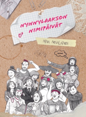 Nynnylaakson nimipäivät -kirjan kannessa on kuva korkkitaulusta, johon on kiinnitetty lappuja ja piirros isosta joukosta eri tavoin höpsöjä ihmisiä.