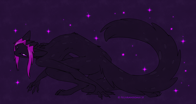 Digital art of an ender feline creature in a crouched position. She is looking off to the left, head tilted in curiosity.