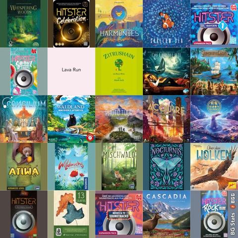 BG Stats 5 x 5.
Anzahl Partien:
4: Whispering Woods;
3: Hitster: Celebration;
3: Harmonies;
2: Shallow Sea;
2: Hitster: Bayern 1;
2: Hitster: Summer Party;
2: Lava Run;
2: Zitrushain;
1: Das Unbewusste;
1: Archipelago;
1: Concilium Urbis;
1: Waldland;
1: Photo Tour: North America;
1: Acquire;
1: Moon Bunny;
1: Atiwa;
1: Wildwuchs;
1: Mischwald;
1: Nocturnis;
1: Über den Wolken;
1: Hitster: Radio Italia;
1: 13 Leaves;
1: Hitster: Movies & TV Soundtracks;
1: Cascadia;
1: Hitster Rock: Bob!.