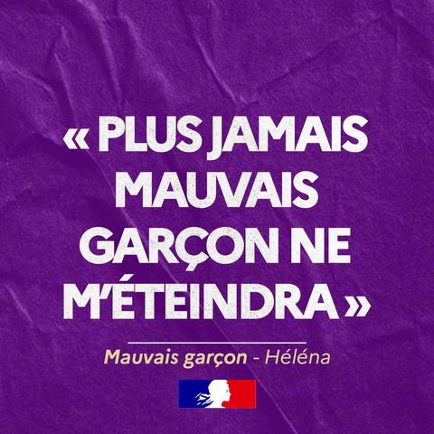 infographie décorative de couleur violette avec la mention de texte suivante : "Plus jamais mauvais garçon ne m'éteindra"