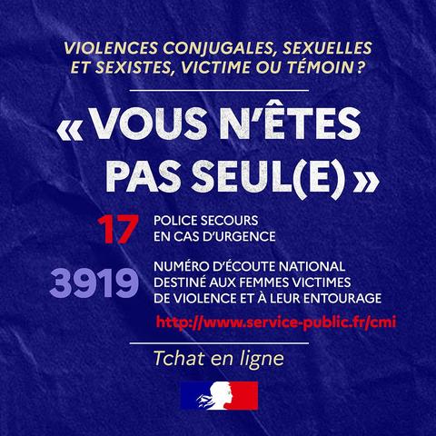 infographie décorative de couleur bleue avec la mention suivante "vous n'êtes pas seul(e) - 17 police secours 3919 numéro d'écoute national destiné aux femmes victimes de violence