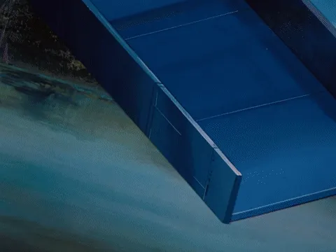 A speedboat containing two boys and a dog launches through a swamp