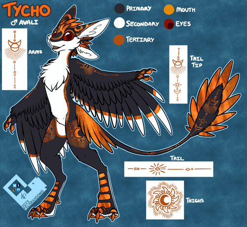 Digital art of an avali character made for an OC reference. They are mostly black and white, with shiny copper markings.