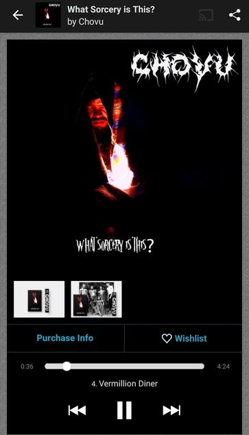 Screenshot der Bandcamp App, wo Chovu abgespielt wird "What Sorcery is this".