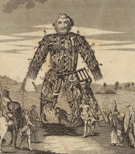 Eine Illustration eines "Wicker Man" (Strohmann, in dem Menschen eingewickelt werden) aus dem 18. Jahrhundert. Stich aus „A Tour in Wales“ von Thomas Pennant.