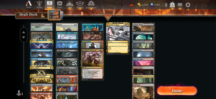 A draft deck in Magic: Arena. It’s a LED Breach storm deck with Brain Freeze, Tendrils of Agony, Yawgmoth’s Will, and more, including 6 dual lands and a fetch land.