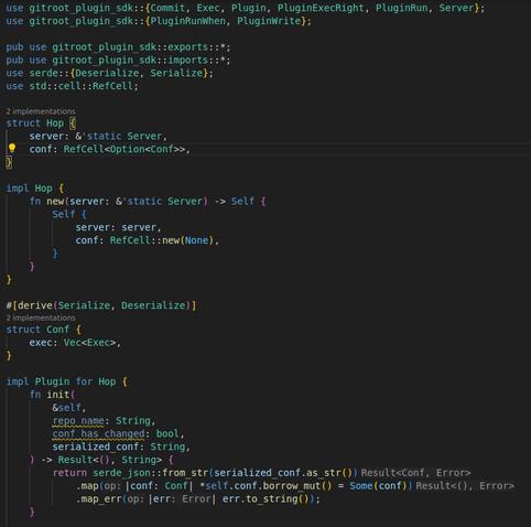 Code in rust of the hop plugin, we see that there plugin implem the `Plugin` trait from `gitroot_plugin_sdk`. We also see it use serde json for deserialisation of conf. The conf is a vector of structure `Exec`.