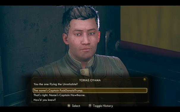 Screenshot from The Outer Worlds video game. Introducing myself to an NPC With "the names captain fuck Donald Trump"