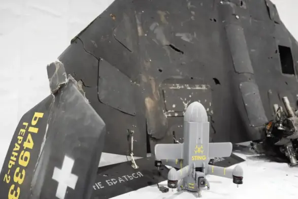 A destroyed Russian Heran-2 Shahed-type drone and a Sting drone interceptor in an undated photo