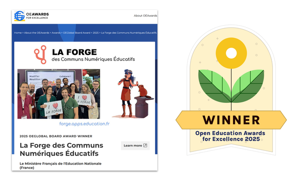 Montage : à gauche une copir d'écran de la page de la forge sur le site des OEAwards, à droite le badge de récompense