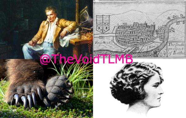 Collage of 4 images: Alexander von Humboldt; An old map of the city of Bath; Two forepaws of a bear; Zelda Fitzgerald