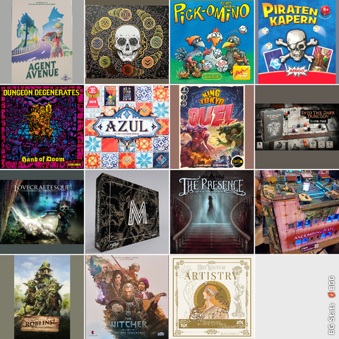 BG Stats 4 x 4 Raster mit Cover der Spiele:
Agent Avenue;
Side Effects;
Heckmeck;
Piraten kapern;
Dungeon Degenerates: Hand of Doom;
Azul;
King of Tokyo: Duel;
Into The Dark Dungeon: Silver Mine;
Lovecraftesque;
Mothership;
The Presence;
Ascending Fate;
Roblins!;
The Witcher: Pfad Des Schicksals;
Artistry.
