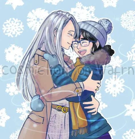 Digital fully rendered illustration of Viktor Nikiforov and Yuuri Katsuki from Yuri!!! On Ice, drawn from the hips up. It is genderbent art, fem!Viktor has waist lenght hair and fem!Yuuri has shoulder lenght hair tied in a ponytail and some bangs framing her face. Fem!Viktor is wearing a light brown coat over a long silver sweater with a belt and fem!Yuuri is wearing a blue jacket with a plush hood, light blue mittens and a brown scarf. Fem!Viktor is hugging fem!Yuuri and snuggling against her. Fem!Yuuri is blushing and laughing. Both are closing their eyes in contentment. The background is light blue with a pattern of white snowflakes.