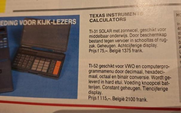 Reclame van Texas Instruments TI-83. Links foto van het apparaat. Rechts tekst. Prijs 75 gulden of 1375 Belgische frank