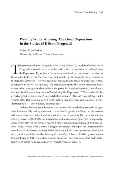 The opening page of the article "Wealthy White Whining: The Great Depression in the Stories of F. Scott Fitzgerald."