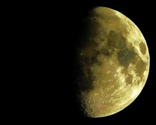 A half moon against the black background of a dark night sky. There is some good detail of the visible portion of the lunar surface here, including some small craters near the bottom left.
