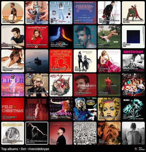 The image displays a 6x6 grid of album cover artworks. Each square showcases a different musical album. The albums span various genres and artists, including Pablo Alborán, Madonna, Michael Bublé, and Green Day. Christmas-themed albums are also present, as are those of various other artists. The text "Top albums • Oct • riversidebryan" is present at the bottom of the photo