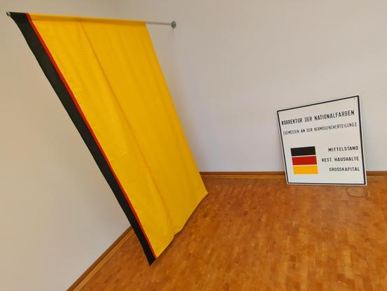 Eine Flagge in den drei Farben der deutschen Nationalflagge. Rot, die kleinste Fläche, steht für „restliche Haushalte“, Schwarz, ebenfalls besonders klein, aber etwas größer als Rot, steht für den „Mittelstand“ und Gelb, das den überwiegenden Teil der Fläche ausmacht, für „Grosskapital“.
