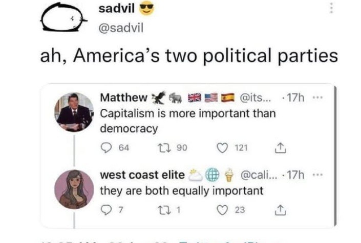 sadvil = @sadvil writes: ah, America’s two political parties in response to the following exchange: Matthew writes: Capitalism is more important than democracy west coast elite replies they are both equally important