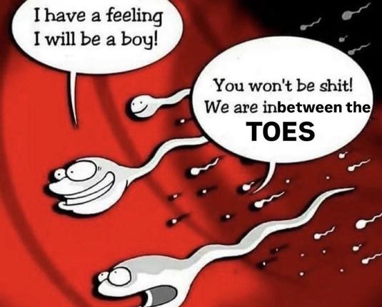 A humorous cartoon depicting animated sperm characters. One sperm expresses optimism about being male, while another replies mockingly, claiming they are in a trivial situation "in between the toes." The background is red, enhancing the comedic effect.
