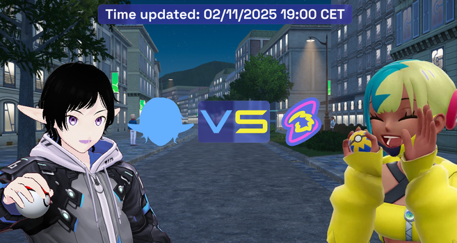 Digitally rendered city street at night with two characters facing off. On the left is macoud12’s avatar: pale-skinned with black hair, elf-like ears, and a dark hoodie. He's holding a Poké Ball. On the right is Canari, leader of DYN4MO: dark-skinned with bright yellow and blue hair, laughing in a yellow outfit and holding a Quick Ball. Between them is a “VS” graphic with two logos. The left logo resembles macoud12’s avatar head. The right logo is the DYN4MO emblem, featuring a jagged yellow burst nested inside a blue shape with a pink outline, forming a dynamic, asymmetrical star. Above the graphic, text reads “Time updated: 02/11/2025 19:00 CET.”