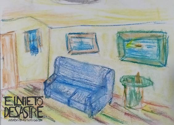 Dibujo de un salón, realizado con ceras