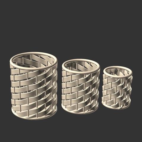 OpenSCAD render view of round baskets with ribbons winding upwards in different sizes, but finished with bottom plate and top ring.