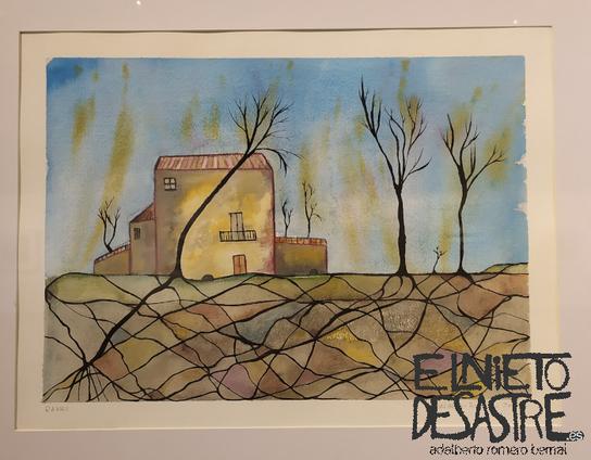 Cuadro de una casa con sus raíces en acuarelas