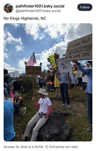 Screenshot of social media post for “No Kings 2.0” from Highlands, North Carolina.