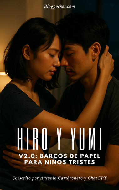 Portada de la novela «Hiro y Yumi v2» en la que se ve a Hiro y Yumi en postura enamoradiza con sus rostros frente a frente.