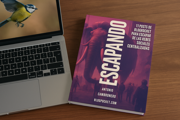 El ebook "Escapando" al lado de un ordenador portátil, en el que en su pantalla se ve a un pájaro volando.