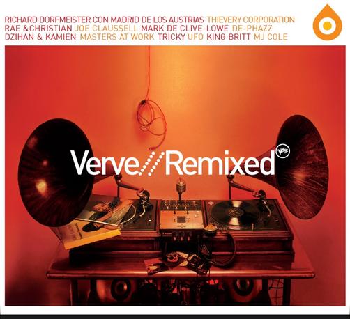 Plattencover von Verve / Remixed. Alte Gramophones sind im Stil eines DJ Pults zu sehen. Fotofarbe ist rötlich