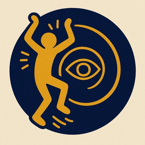 Ein goldener, tanzender Mensch im Stil Keith Harings bewegt sich im indigo-blauen Kreis des Bewusstseins.
Im Zentrum leuchtet ein Auge - das Symbol des
Erwachens.
Bewegung und Wahrnehmung verschmelzen zu einer Frequenz des Lebens.
English:
A golden, dancing figure in Keith Haring's style moves within an indigo circle of consciousness.
At its center shines an eye - the symbol of awakening.
Movement and perception merge into one living frequency.🖖