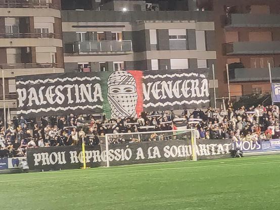 A football stand with a large tifo that reads Palestina Vencera and an image of a face wrapped in a keffiya against a background of the Palestinian colors.