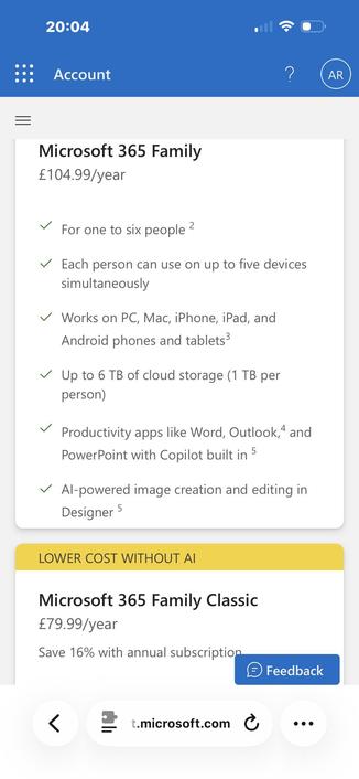 The image displays a Microsoft 365 Family subscription overview, detailing the yearly cost (£104.99), features for up to six users, device compatibility, 6 TB of cloud storage, and productivity tools. Additionally, it mentions a lower-cost option, £79.95 which is the same as the higher tier but without the AI