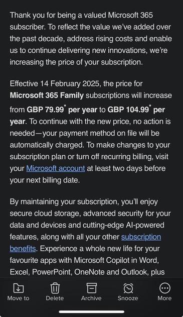 The image contains a message from Microsoft regarding a price increase for Microsoft 365 Family subscriptions. It states the current and new annual subscription prices, effective February 14, 2025, and informs subscribers of automatic billing and account management details.