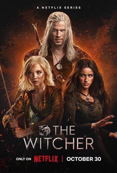 Cover der Serie The Witcher, gestreamt von Netflix. Drei Personen, zwei Frauen, ein Mann im mittelalterlichen Setting.