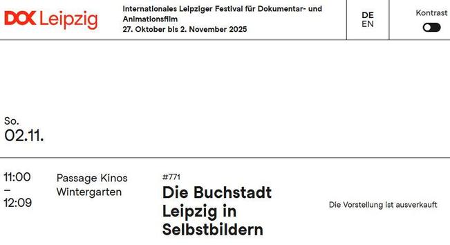 Screenshot von der Programmvorschau des DOK Leipzig mit Abschnitt zur Matinee des Sächsischen Staatsarchivs über "Die Buchstadt Leipzig in Selbstbildern"