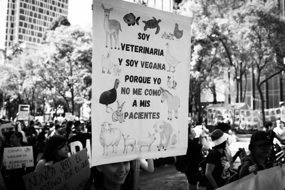 Fotografía en blanco y negro de una protesta en Ciudad de México contra el especismo. Alguien sostiene una pancarta con dibujos de animales de diferentes especies al rededor del cartel y con letras en mayúsculas dice: SOY VETERINARIA Y SOY VEGANA PORQUE YO NO ME COMO A MIS PACIENTES. Alrededor hay más compañeres, al fondo se observan árboles y edificios. © Sofía Dumat|CLAMOR DE LIBERTAD