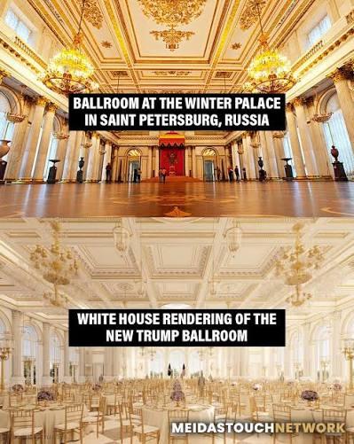 A picture of Trump‘s ballroom in Mar-a-Lago and the new White House ballroom at on the left