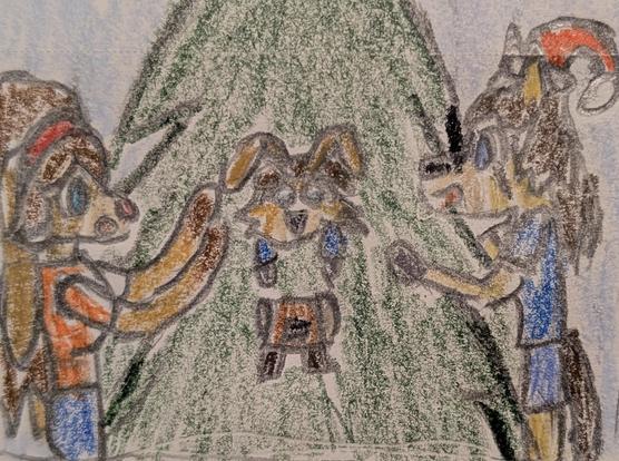 Color pencil drawing of Eli Norainu, an anthro dog man, my main OC, putting up a Christmas tree. Riju Norausa, a human/Lepi hybrid baby, and Mr. Scruffles, a bantha plushie from Star Wars, hang out of the middle of the tree. Lop Norausa, a Lepi woman from Star Wars Visions, reaches for her daughter.
