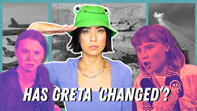 The thumbnail image for the video linked in the post. A photo of Francesca Fiorentini, a light-skinned woman with straight, dark, chin-length hair and dark eyes, is in the center of the frame, standing at "attention" with her right hand in a salute and a serious expression on her face. She is wearing a light lavender long-sleeve top with a square neck, a gold necklace, gold earrings, and a bright green bucket-style soft hat. The hat has an eye sticking up on either side at the top and a black smile embroidered across the front of the crown, making it look like a frog. On either side of the photo of Francesca are photos of Greta Thunberg, a light-skinned medium-blonde-haired young woman; the photos are tinted magenta-pink. The left-hand photo shows a middle-school-aged Greta, with long hair pulled back in a ponytail, a dark button-up shirt, and an angry disgusted look on her face. The right-hand photo shows a more recent photo of young adult Greta, with shoulder-length hair and blunt-cut bangs, wearing a Palestinian kefffiyeh around her neck and an intense look on her face as she speaks into an array of media microphones in front of her. There are somewhat indecipherable black-and-white images in the background; one looks to be of a fleet of military jets. Across the bottom of the image, large italic white block letters read: "HAS GRETA 'CHANGED'?".